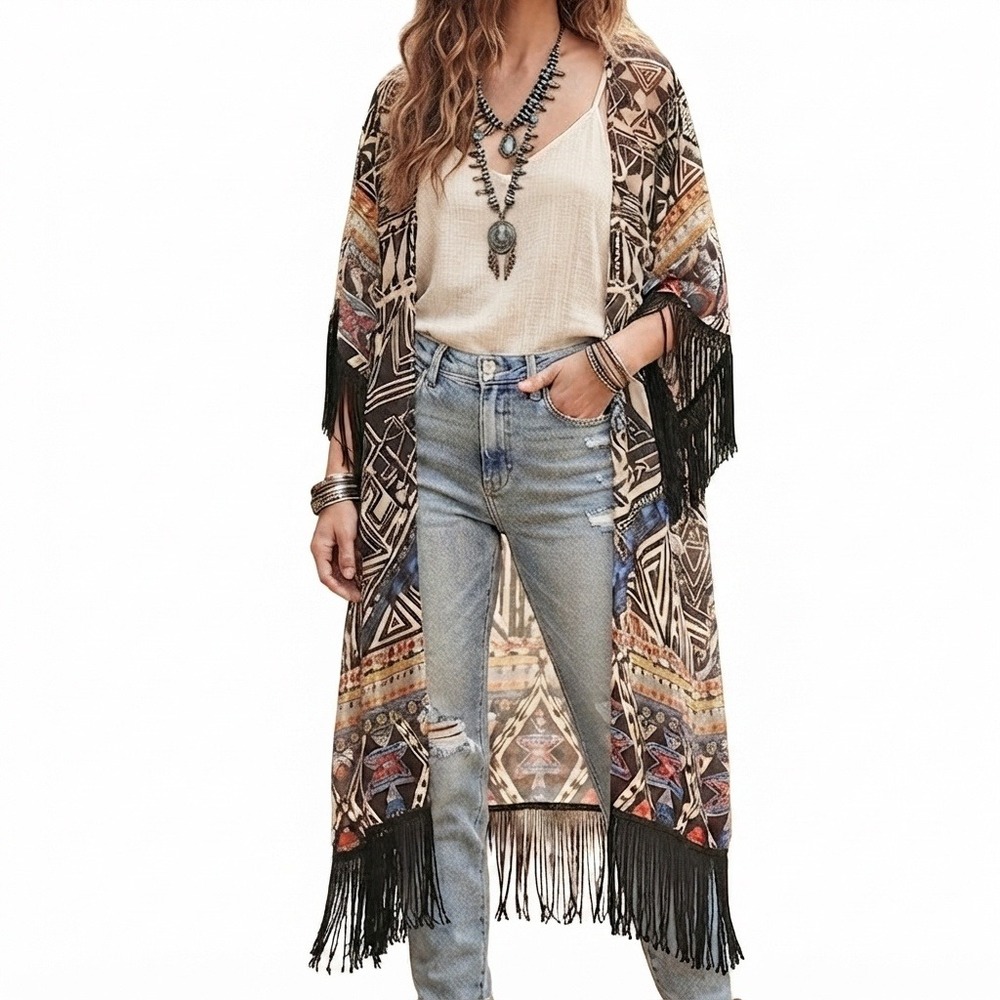 Angie aztec fringe duster Kimono Geometric Sheer oversized boho western festival